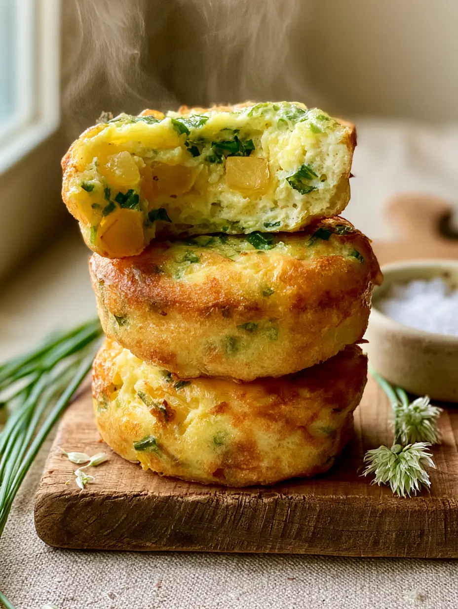 Close up of circular potato chive egg bites with visible emerald green chive flecks and rising steam. (potato chive egg bites)