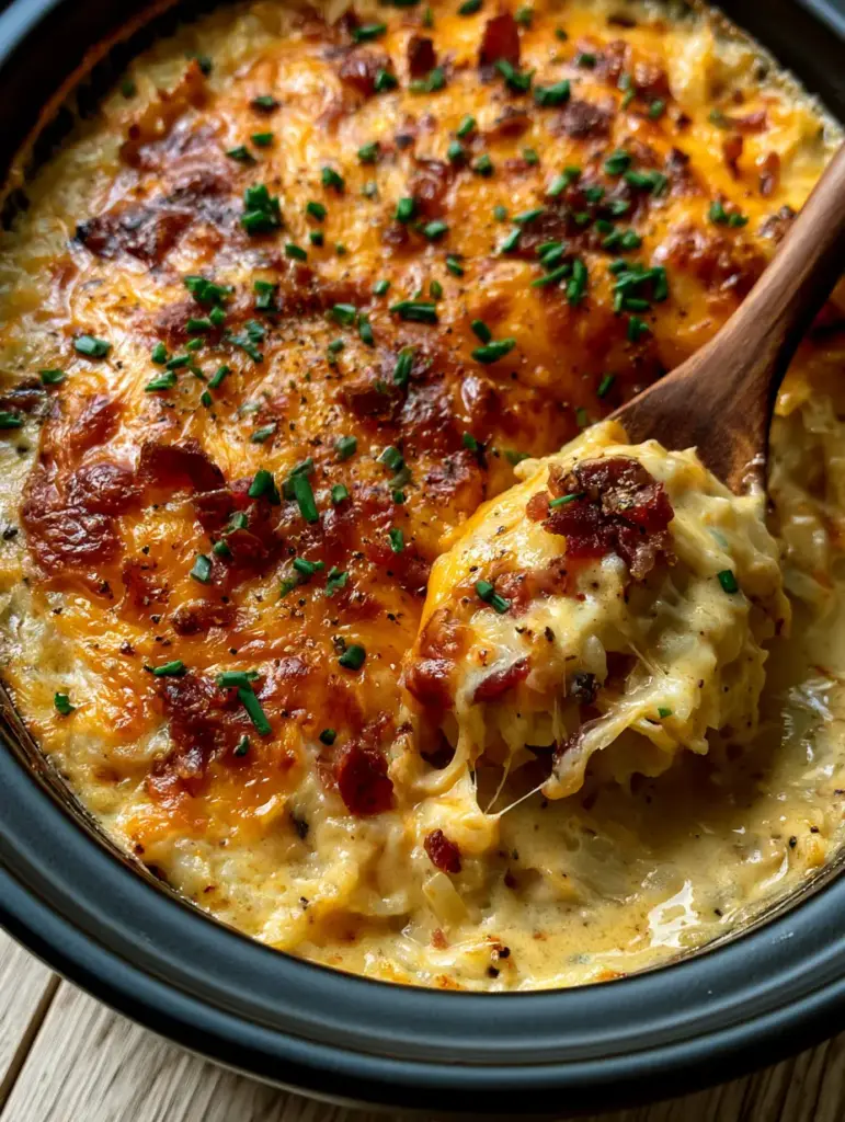 A wooden spoon lifting a scoop of Kentucky Crockpot Potatoes to reveal a stringy, gooey cheese pull and creamy interior.