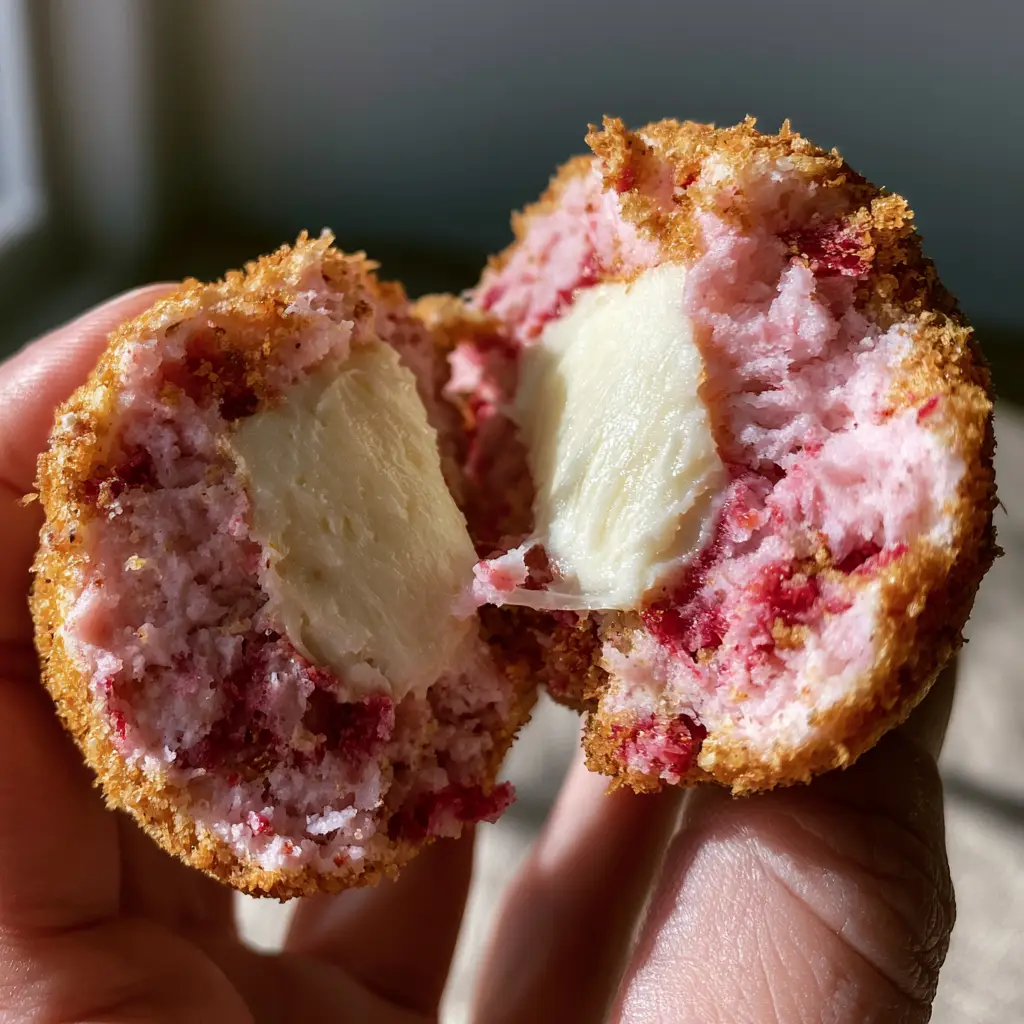 Soft natural lighting on a pink strawberry cheesecake cookie showing a moist crumb and sandy graham cracker coating.