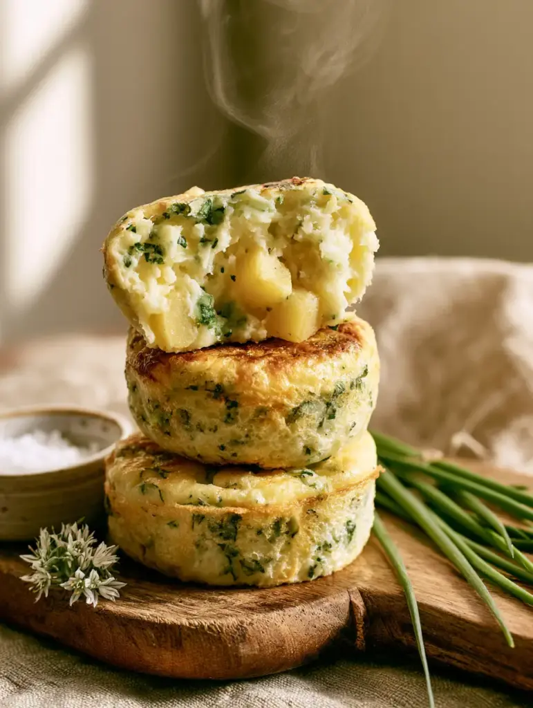 Air fryer potato chive egg bites stacked on a rustic board with a linen background.