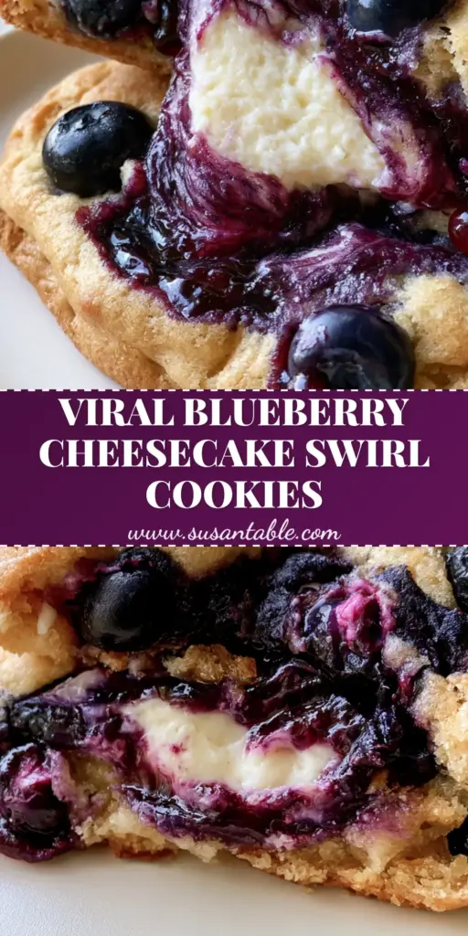 Blueberry Cheesecake Swirl Cookies: The Ultimate Gourmet Bakery-Style Recipe 4 A close-up vertical shot of a thick Blueberry Cheesecake Swirl Cookie with a deep purple jam swirl and whole blueberries.