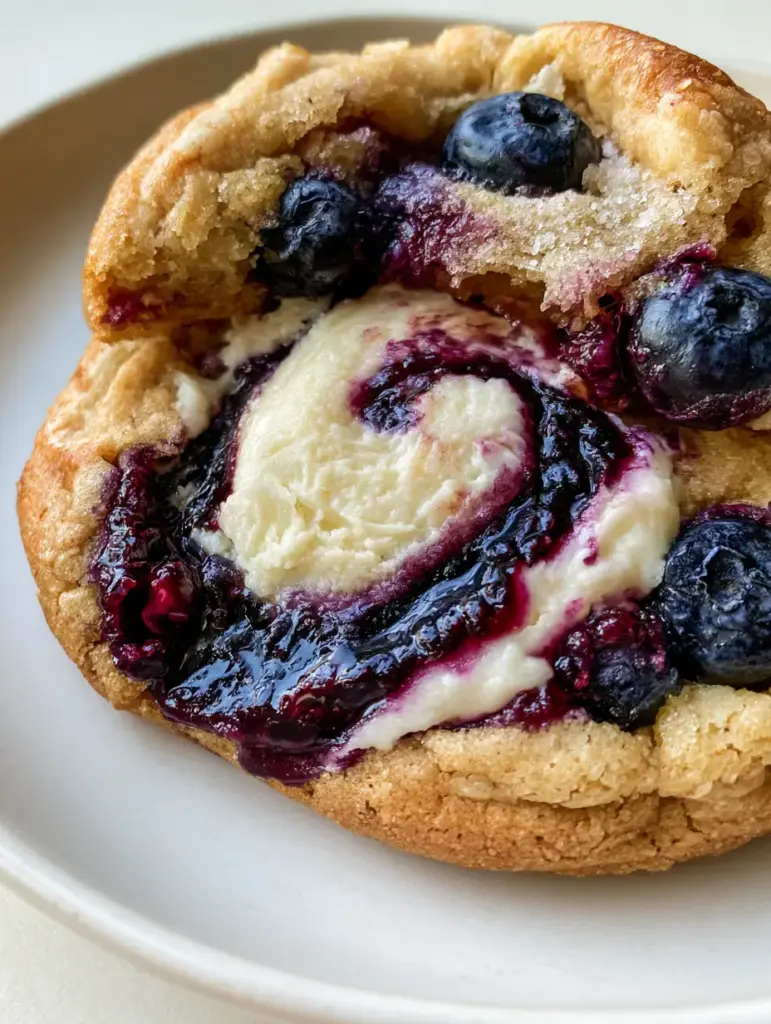 Blueberry Cheesecake Swirl Cookies: The Ultimate Gourmet Bakery-Style Recipe 2 A handheld smartphone photo of a pulled-apart Blueberry Cheesecake Swirl Cookie revealing a bright white cream cheese center and oozing jam.