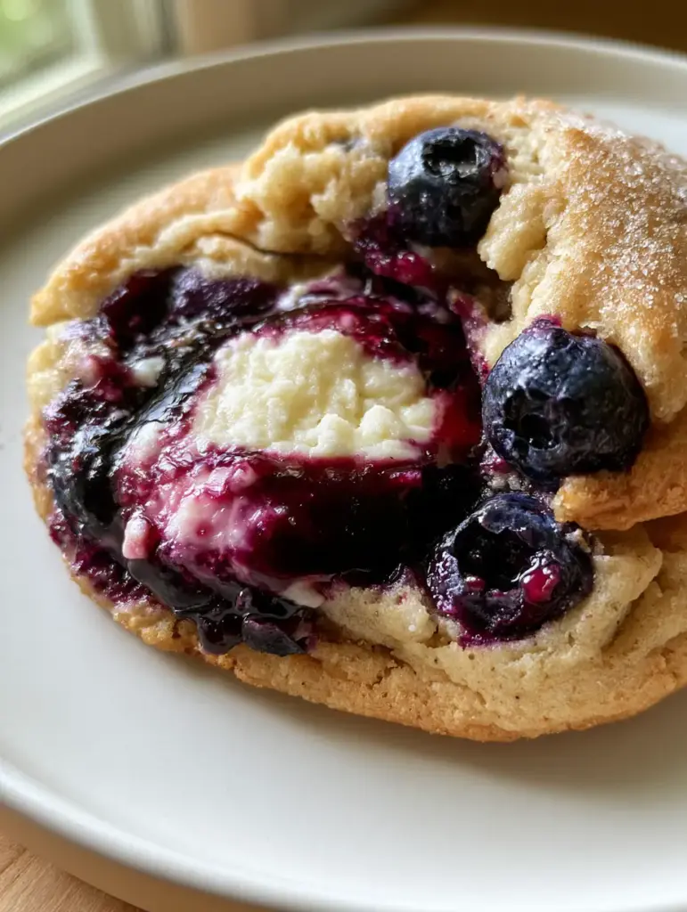 Blueberry Cheesecake Swirl Cookies: The Ultimate Gourmet Bakery-Style Recipe 1 A thick, golden-brown cookie with whole bursting blueberries and a sparkling granulated sugar dusting on a white plate. (Blueberry Cheesecake Swirl Cookies)