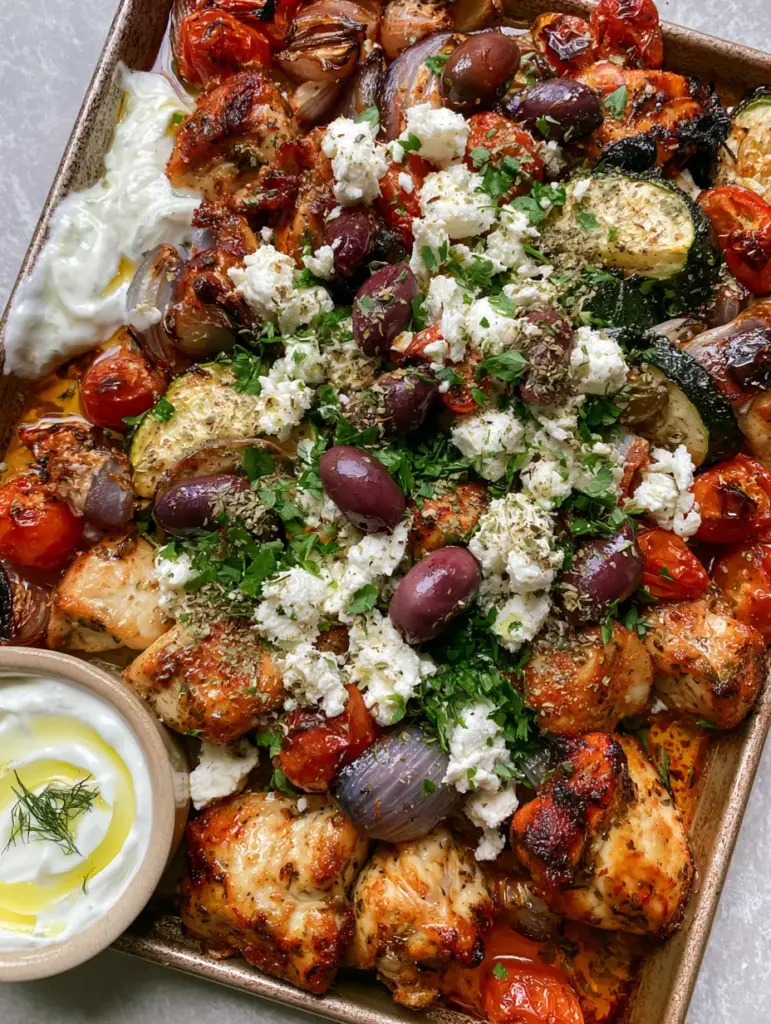 Greek chicken recipes: The Ultimate Sheet Pan Mediterranean Feast 1 Rustic sheet pan with roasted red onions, olives, and a side ramekin of tzatziki sauce.