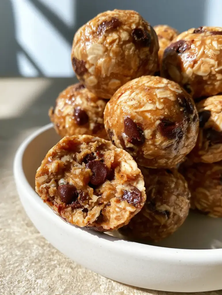 Homemade Snack Recipes: The Ultimate No-Bake Peanut Butter Oat Bites 1 Close-up of three energy bites stacked on a matte white ceramic dish with a honey drizzle.
