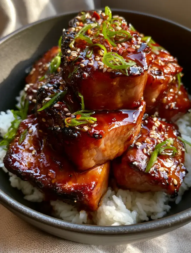 Asian Pork Tenderloin with a Glistening Mahogany Honey-Soy Glaze 2 Close-up of seared pork medallions with a reflective honey-garlic glaze in a dark stoneware bowl. (Asian Pork Tenderloin)