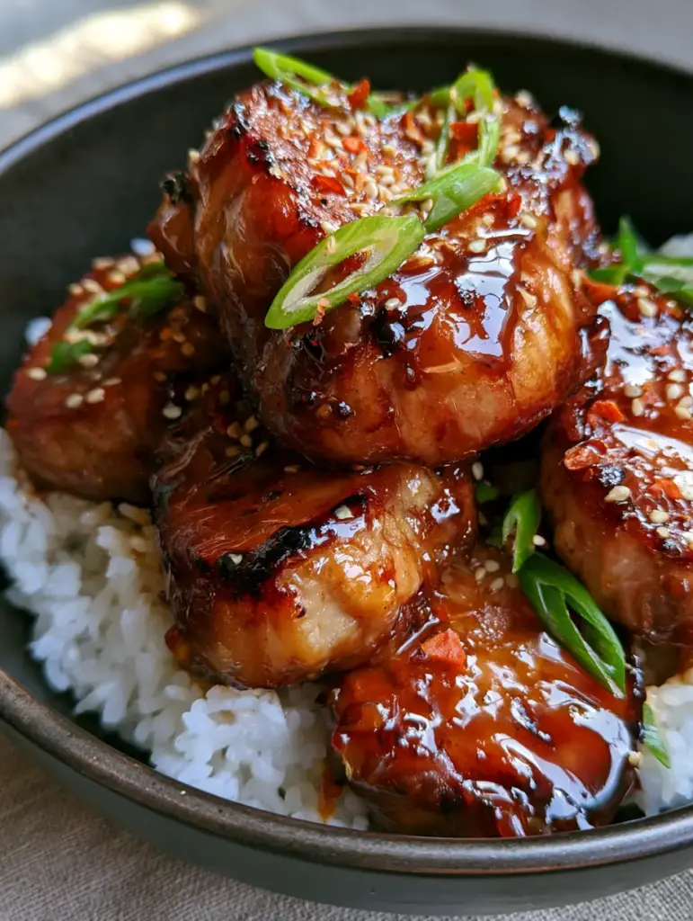 Asian Pork Tenderloin with a Glistening Mahogany Honey-Soy Glaze 1 A handheld smartphone photo showing the texture of the mahogany glaze and bias-cut scallions on Asian Pork Tenderloin.