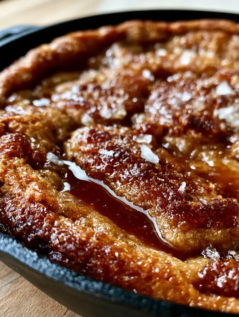 Brown Sugar Maple Cookie Pie: The Ultimate Gooey Skillet Dessert 2 Macro shot of caramelized cookie edges and brown butter pools in a brown sugar maple cookie pie.