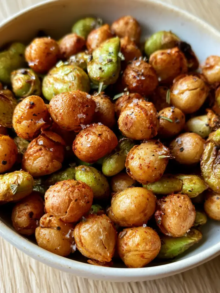 Extreme macro close-up of crunchy snack recipe showing chickpeas with micro-fissures and charred edamame with coarse sea salt crystals.