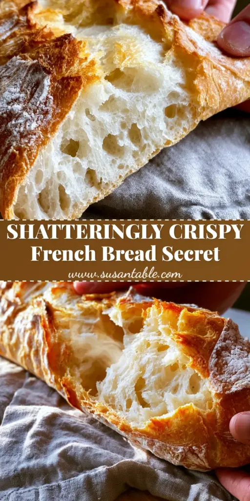 Close-up of a rustic French bread loaf being torn open, showing shattered crust shards and a steaming open crumb structure on a wooden board.