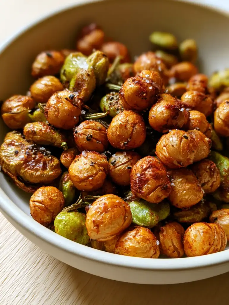Crunchy snack recipe featuring golden air-fried chickpeas and shriveled edamame in a matte off-white ceramic bowl.