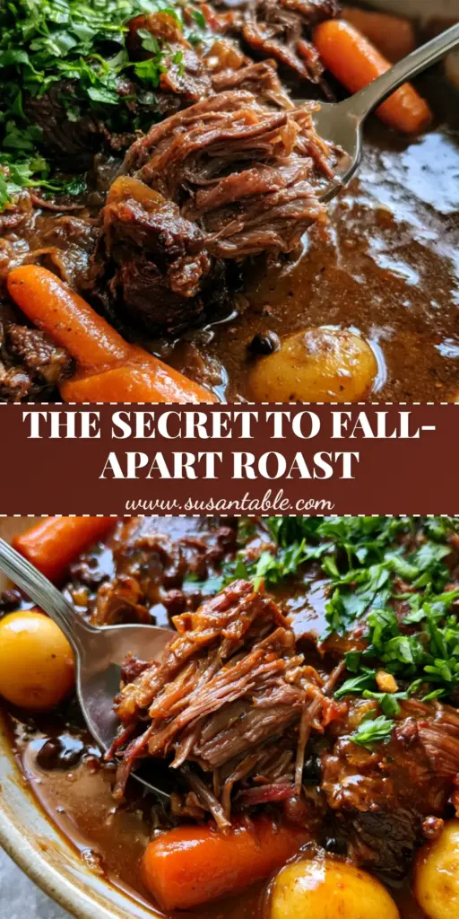 A silver spoon pressing into a mountain of succulent shredded beef in a rustic bowl with mahogany gravy and carrots. (Classic Pot Roast Recipe)
