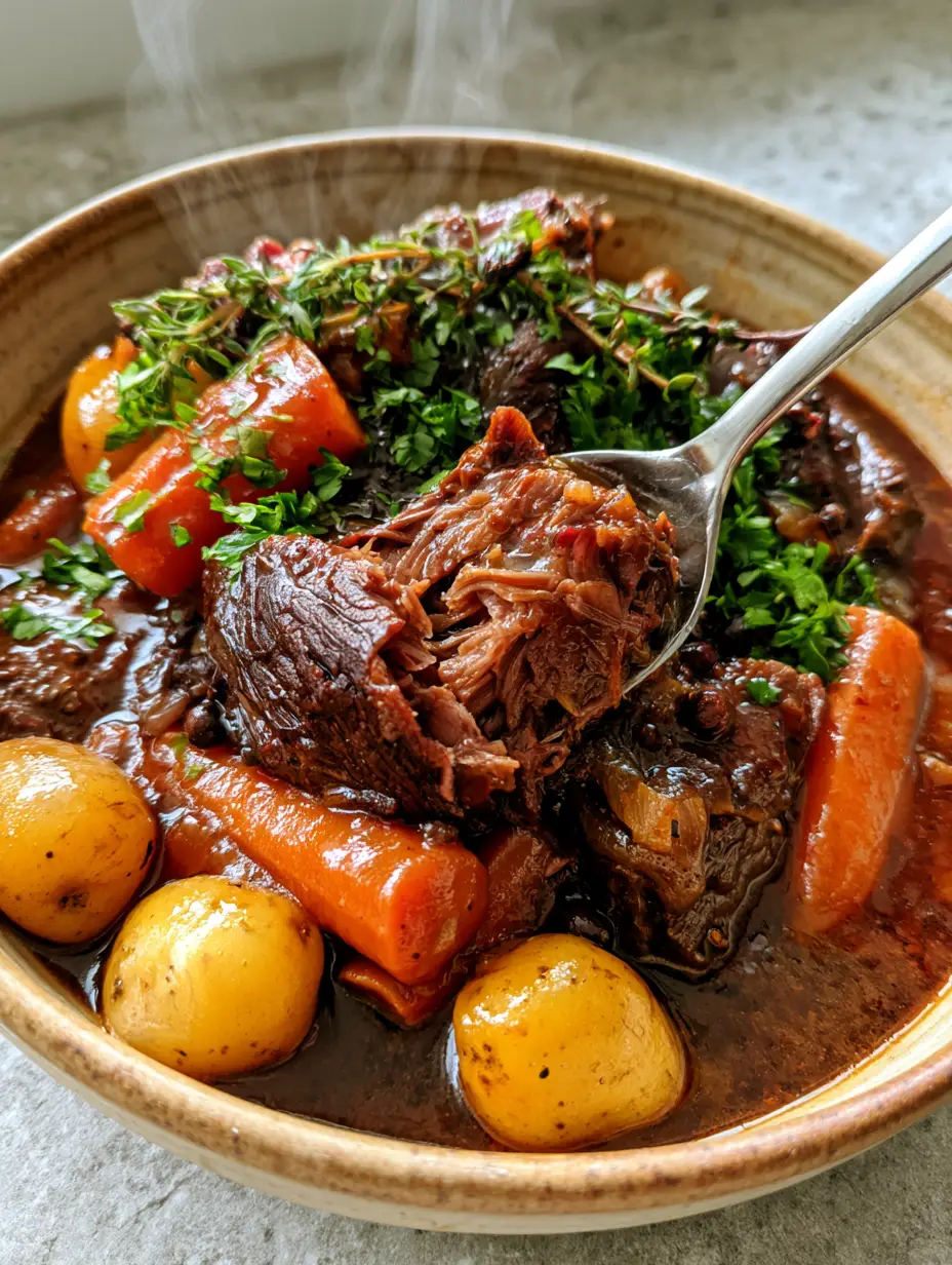 Close-up of shredded beef fibers drenched in thick dark gravy with peppercorns and thyme. (Classic Pot Roast Recipe)