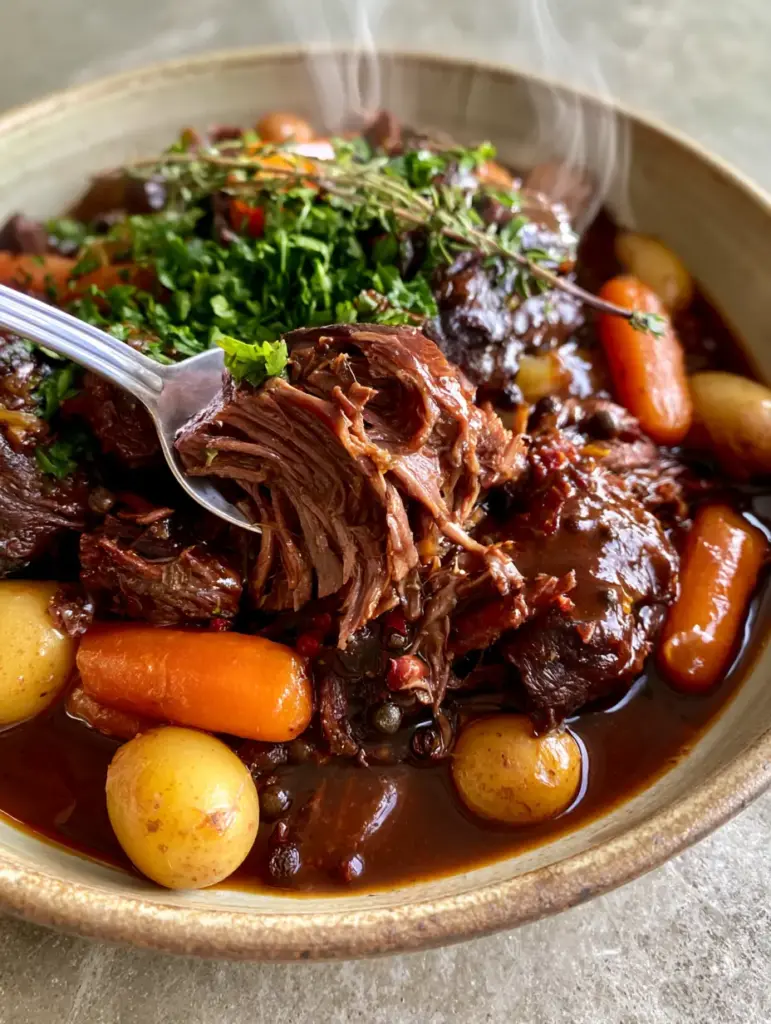 Rustic bowl of pot roast with orange carrots, whole yellow baby potatoes, and fresh parsley garnish.