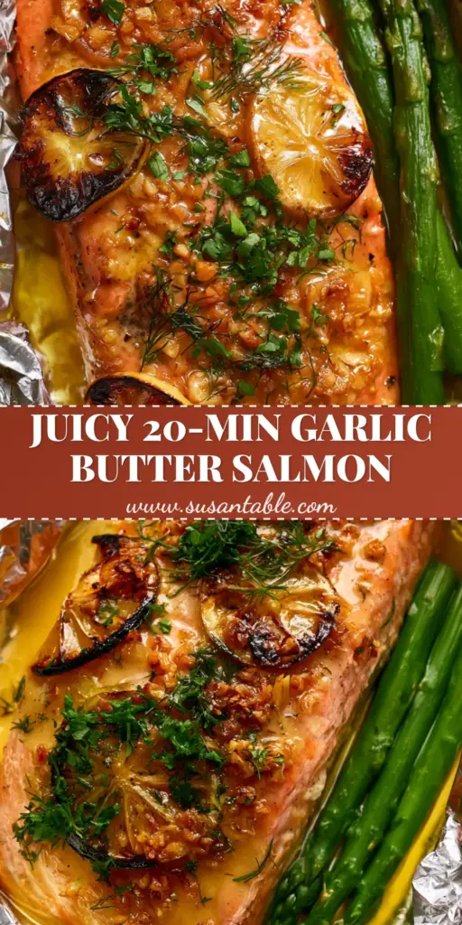 A top-down handheld photo of a succulent Baked Salmon in Foil with glossy garlic butter and charred lemons.