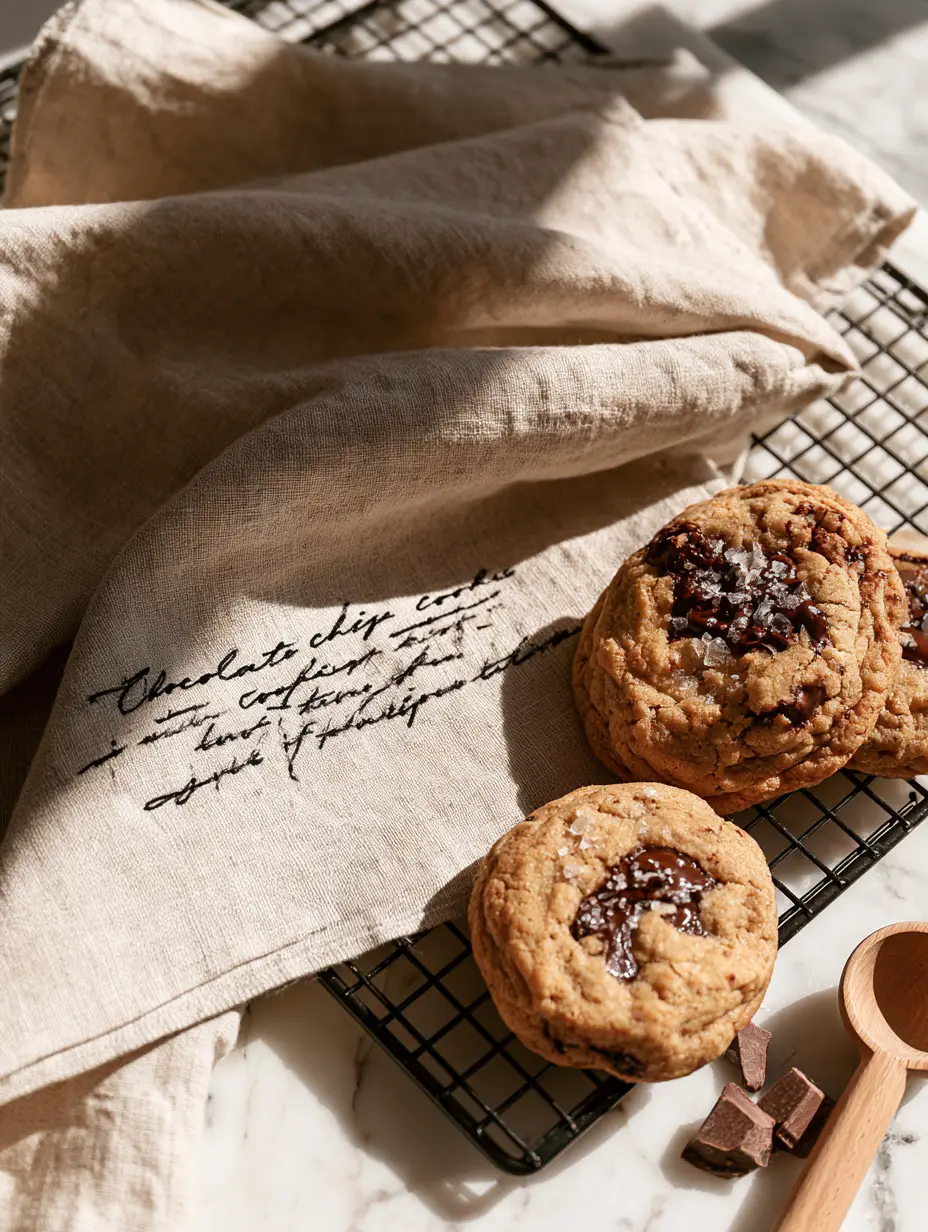 Top-down view of thick gourmet cookies with dark chocolate pools and flaky sea salt on a marble counter with a chocolate chip recipe machine embroidery design towel.