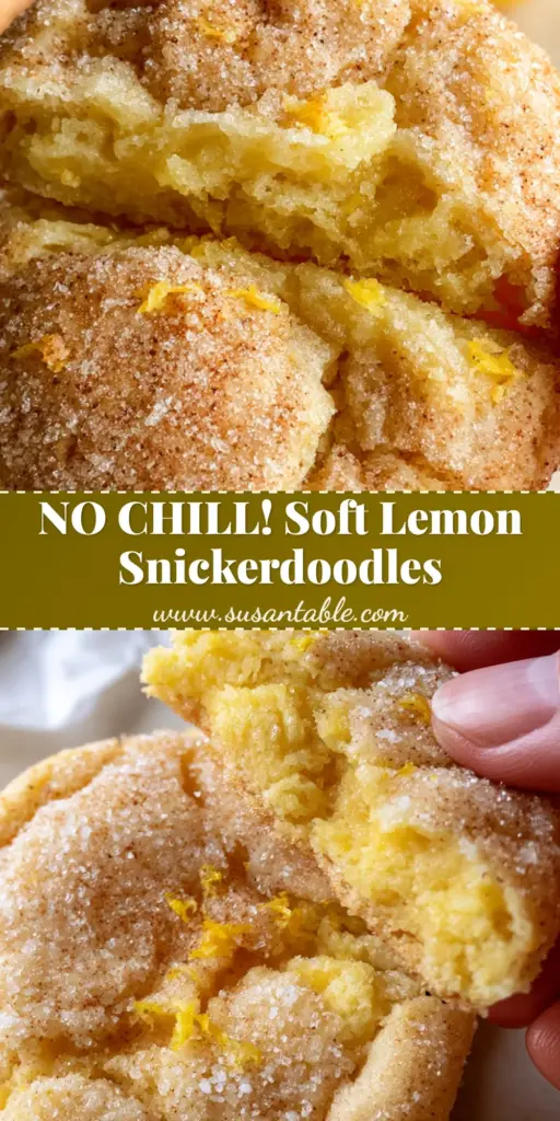 A stack of thick, soft Lemon Snickerdoodles with a golden crackle exterior and sparkling sugar coating on parchment paper.