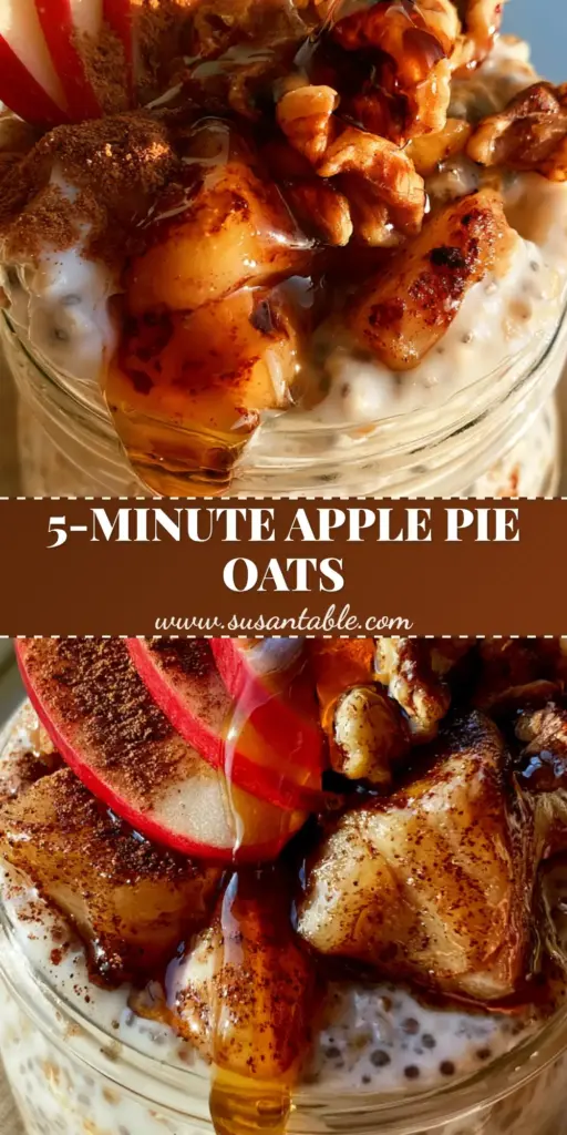 A close-up vertical shot of apple cinnamon overnight oats in a wide-mouth jar, topped with fanned Honeycrisp apples, walnuts, and a maple syrup drizzle.