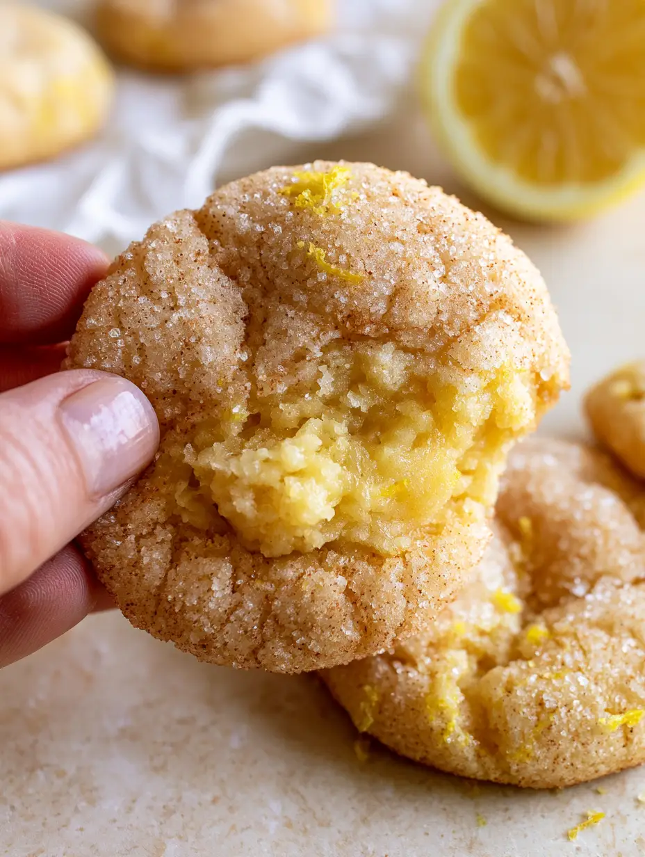 Macro close-up of a Lemon Snickerdoodle being pulled apart to reveal a steaming, pillowy yellow crumb.