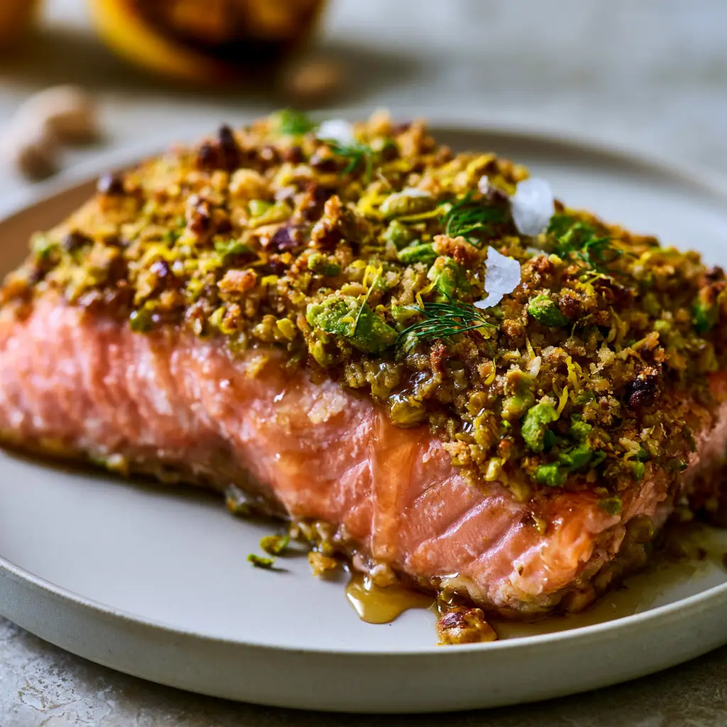 Baked Salmon with Pistachio Crust: The Ultimate Guide to a Flaky, Golden Gourmet Dinner 2 Macro photography of thick succulent Atlantic salmon with bright emerald-green pistachio crust and honey drizzle. (Baked Salmon with Pistachio Crust)