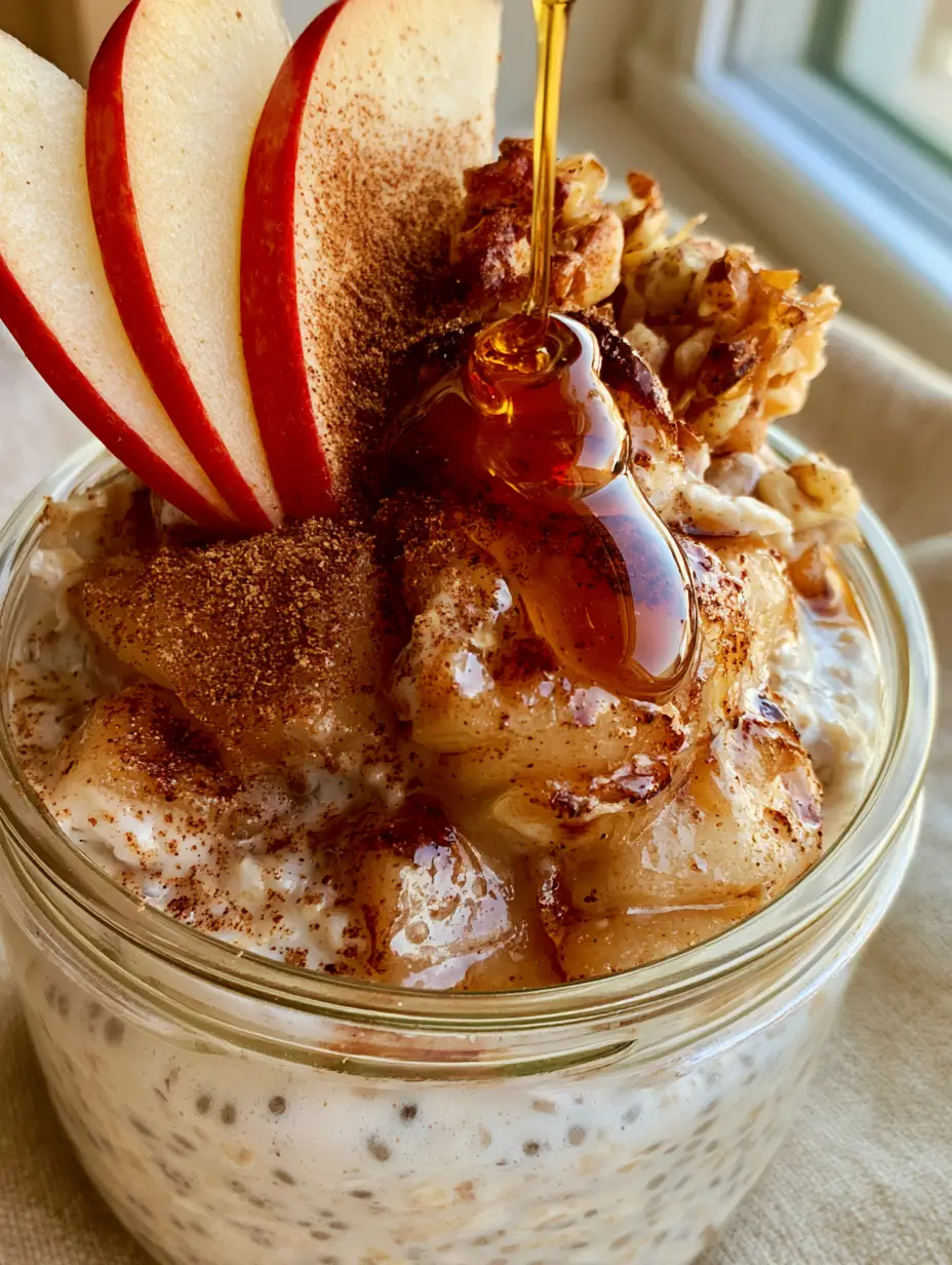 Close-up of velvety apple cinnamon overnight oats showing the texture of rolled oats and plump chia seeds with sautéed apple layers.