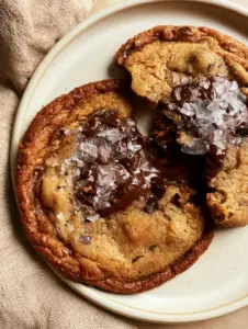 A thick Salted Butter Chocolate Chip Cookie with toasted brown butter specks and caramelized crinkled edges.