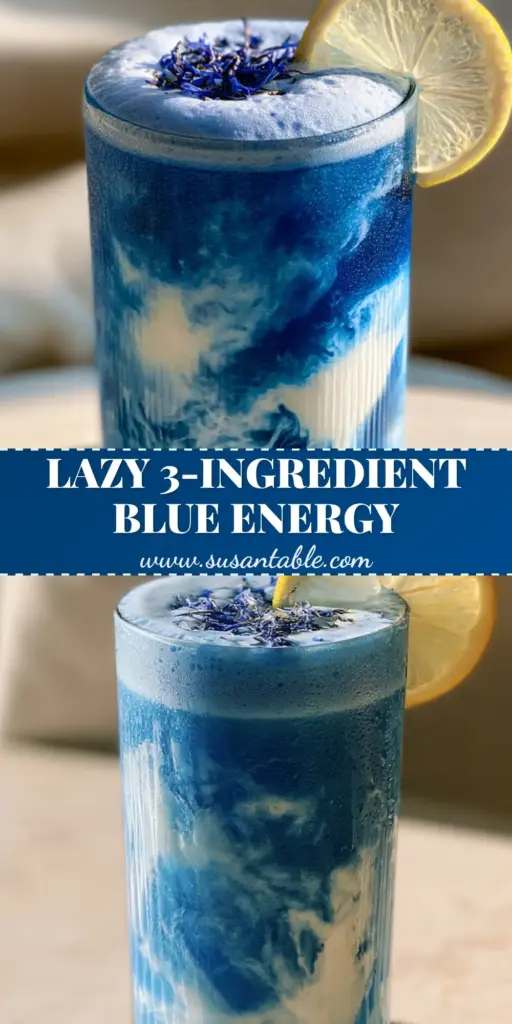 Blue Superfood Juice: The Ultimate Electric Cerulean Elixir Recipe 4 A tall minimalist ribbed glass filled with vibrant blue superfood juice, featuring a creamy coconut swirl, thick foam, and a lemon slice garnish.