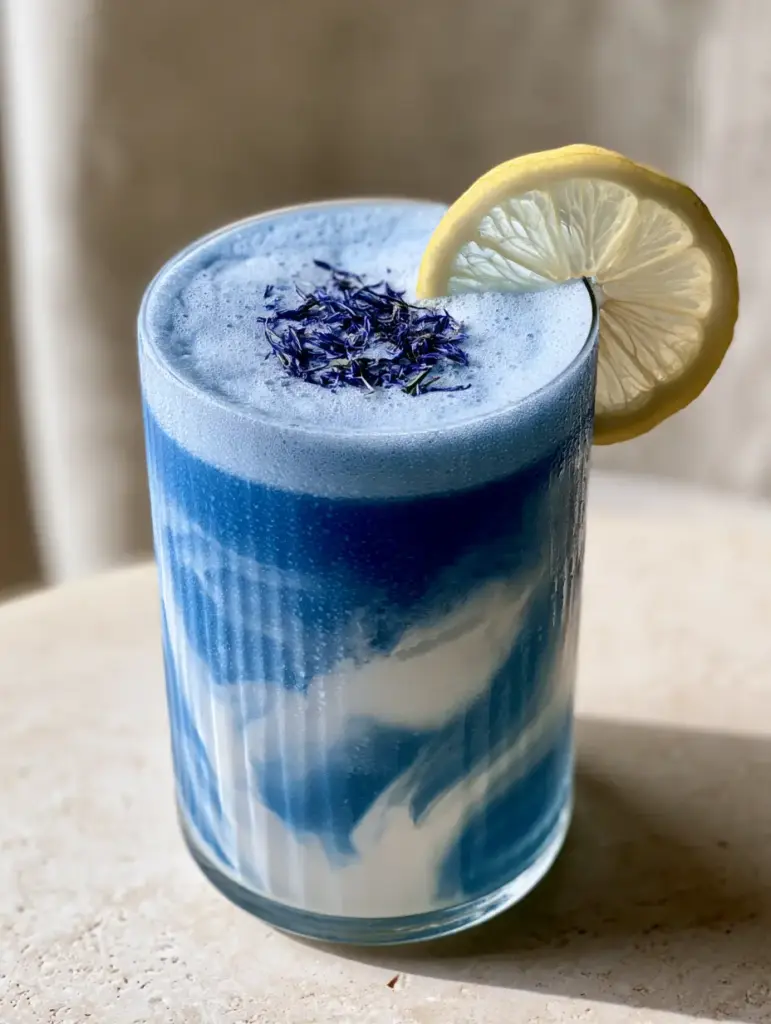 Overhead view of electric blue superfood juice showing the thick micro-foam and dried cornflower petal garnish.