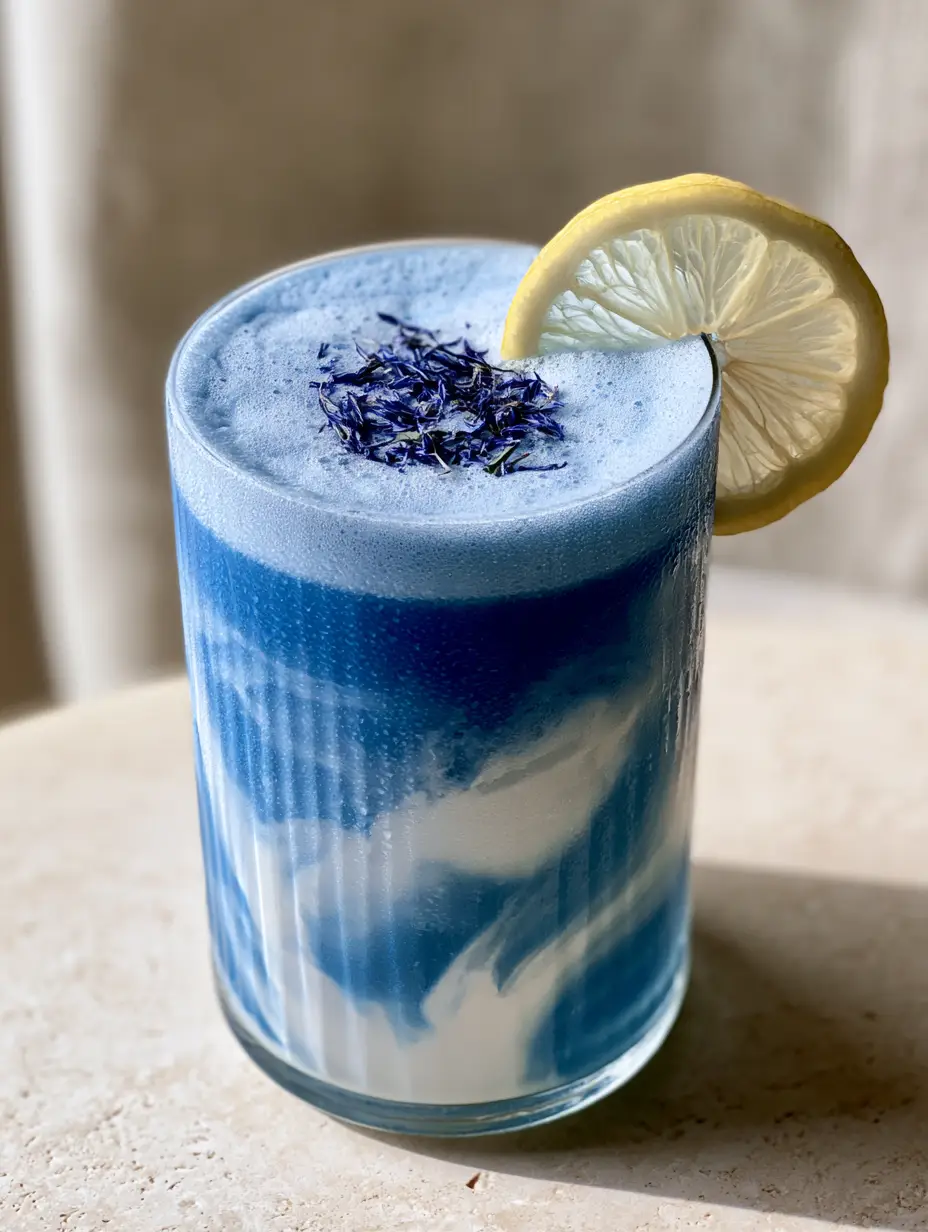 Blue Superfood Juice: The Ultimate Electric Cerulean Elixir Recipe 3 Overhead view of electric blue superfood juice showing the thick micro-foam and dried cornflower petal garnish.