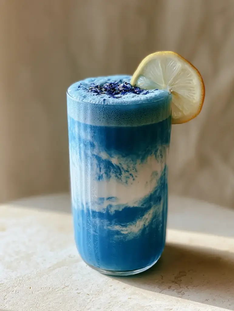 Blue Superfood Juice: The Ultimate Electric Cerulean Elixir Recipe 1 Blue superfood juice in a ribbed glass with visible coconut milk marble swirls and light condensation on a stone surface.