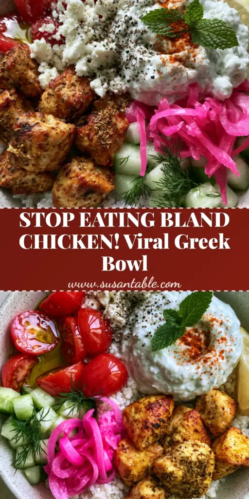 Greek Chicken Grain Bowl: The Ultimate Mediterranean Meal Prep Guide 3 Top-down view of a Greek Chicken Grain Bowl with seared chicken, white quinoa, halved cherry tomatoes, and a dollop of Tzatziki.