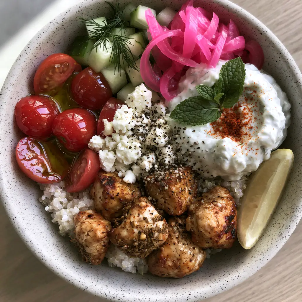 Greek Chicken Grain Bowl: The Ultimate Mediterranean Meal Prep Guide 2 Close-up of seared chicken cubes with char marks and dried herbs in a Greek Chicken Grain Bowl.