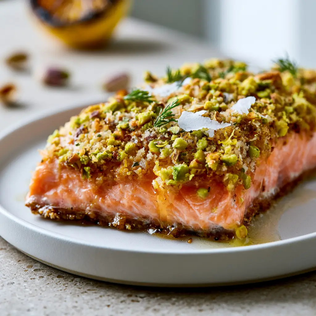 Baked Salmon with Pistachio Crust: The Ultimate Guide to a Flaky, Golden Gourmet Dinner 1 Side view of flaky pink-orange salmon under a dense crust of crushed nuts and toasted panko on a white plate. (Baked Salmon with Pistachio Crust)