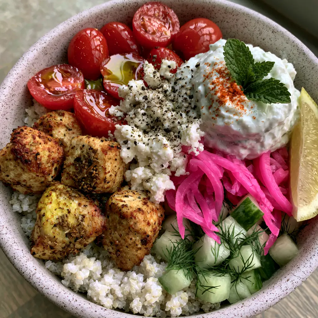 Greek Chicken Grain Bowl: The Ultimate Mediterranean Meal Prep Guide 1 Handheld photo of a premium Greek grain bowl in a speckled ceramic bowl featuring vibrant vegetables and creamy Tzatziki.
