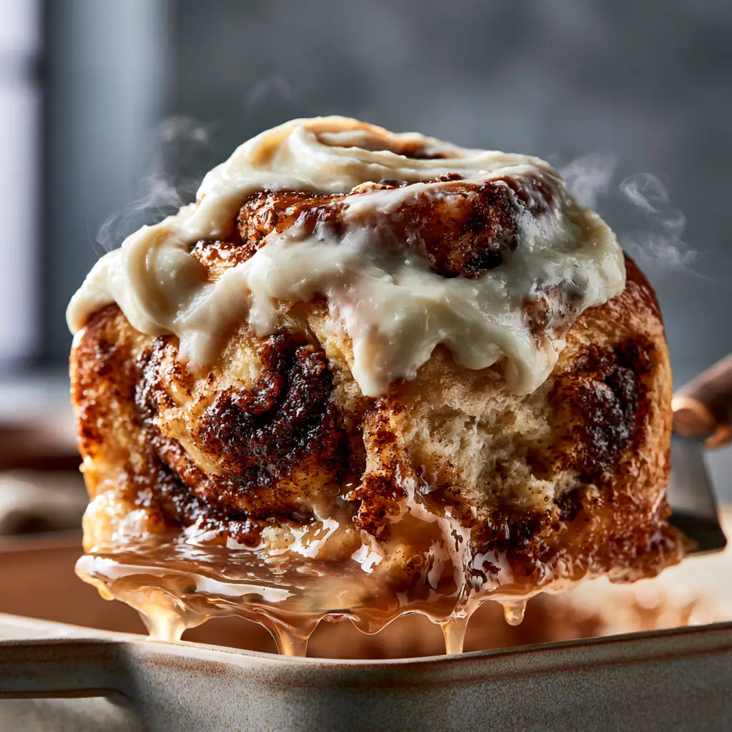 Cinnamon Roll Recipe: The Fluffiest Brioche Rolls with Heavy Cream Glaze 1 Golden-brown cinnamon rolls in a ceramic dish with thick melting cream cheese icing.