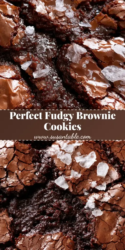 Brownie Cookies with Shiny Crackled Tops and Fudgy Centers 4 A stack of freshly baked brownie cookies with shiny crackled skins and sea salt on rustic parchment paper.