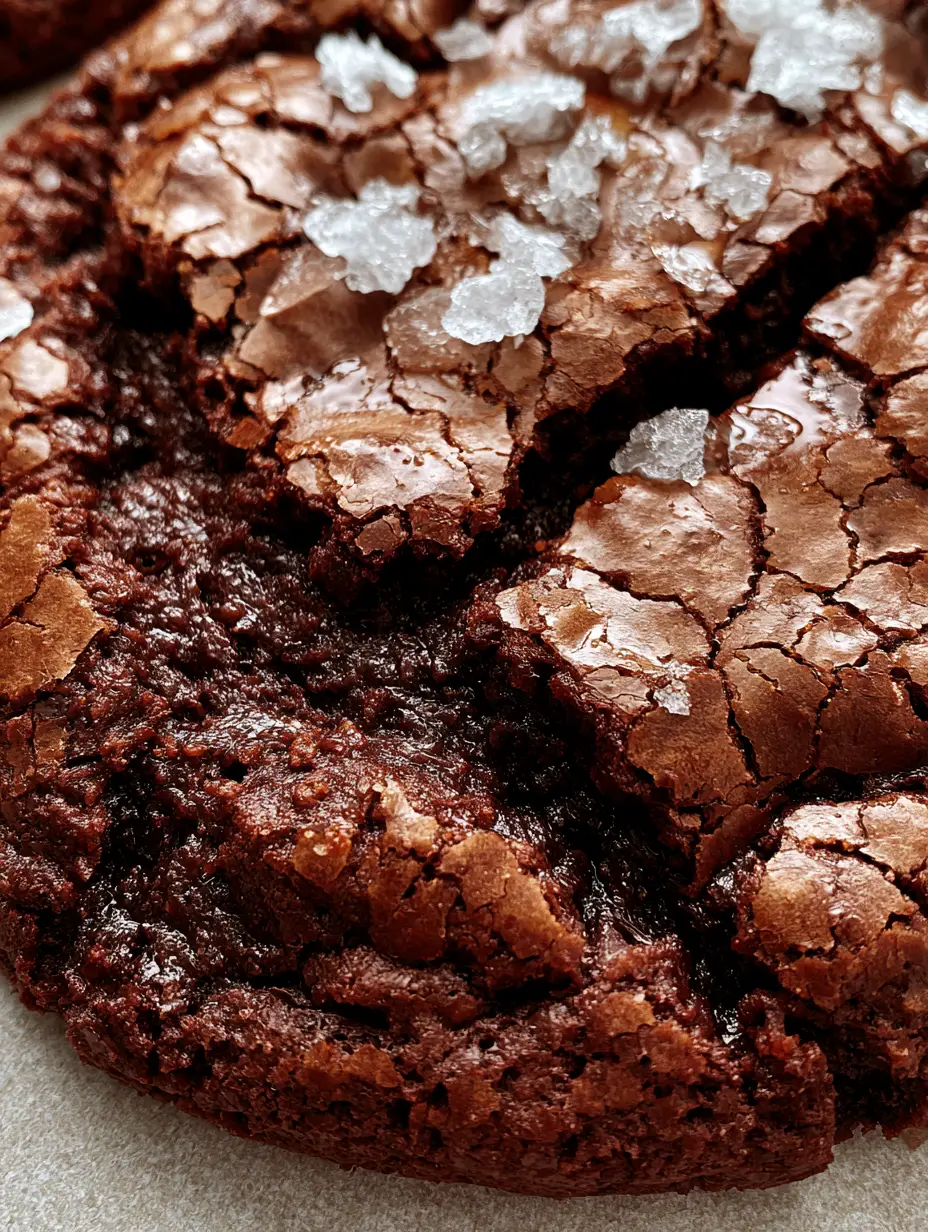Brownie Cookies with Shiny Crackled Tops and Fudgy Centers 3 Macro close-up of a brownie cookie showing deep fissures and moist fudgy chocolate interior. (brownie cookies)