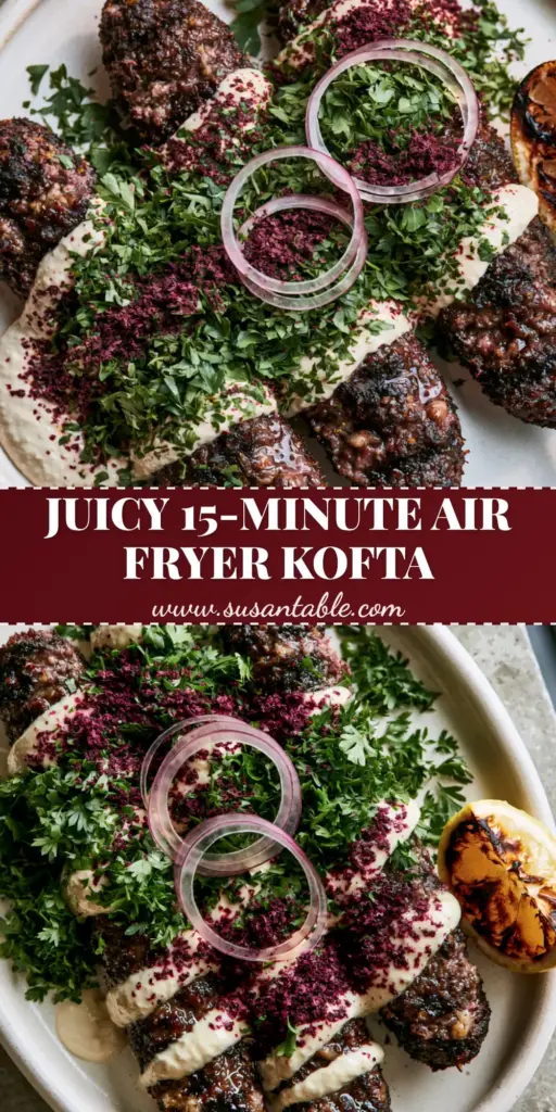 A top-down macro view of three charred middle eastern kofta skewers on an off-white plate with ivory tahini drizzle and sumac.