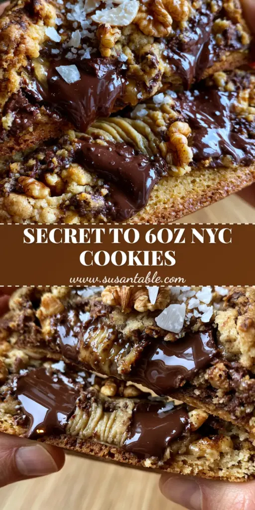 A massive 6oz NYC cookie pulled apart to show a molten dark chocolate center and toasted walnuts.