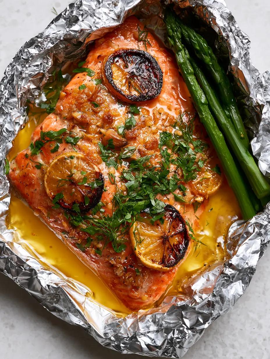 Close up of coral pink Baked Salmon in Foil with pooling golden sauce and browned garlic bits.