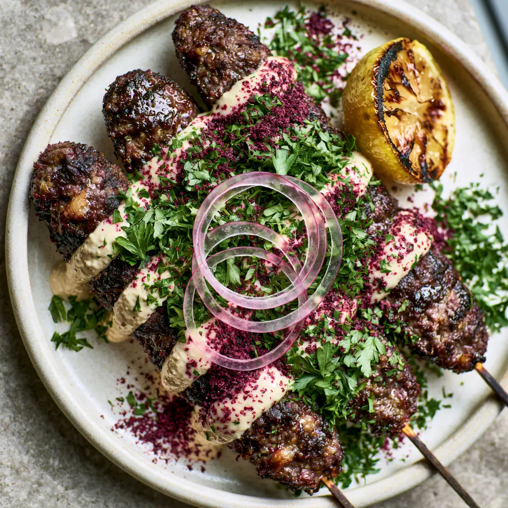 A ceramic plate featuring three kofta skewers topped with sumac, translucent red onion, and a charred lemon half.