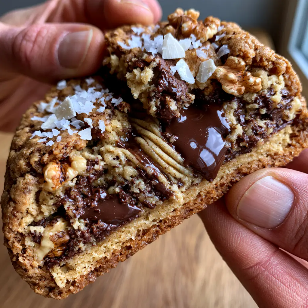 Two hands pulling apart a thick chocolate chip NYC cookie showing steam and gooey dough.