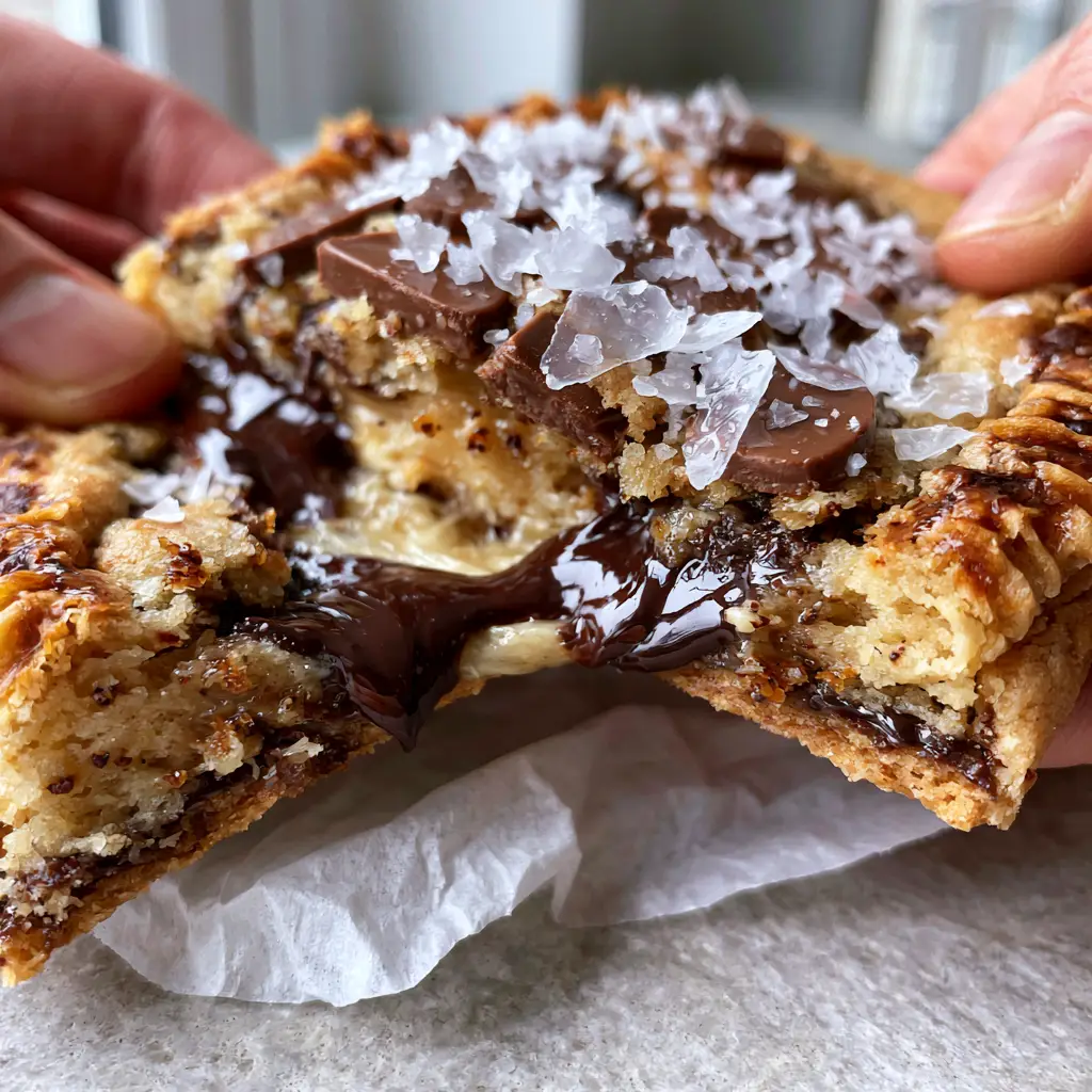 Homemade Chocolate Chip Cookies Recipe: The Ultimate Brown Butter Bakery Secret 2 Close-up of a thick chocolate chip cookie being pulled apart to reveal a soft, pale-gold underbaked center and stretching dark chocolate. (homemade chocolate chip cookies recipe)