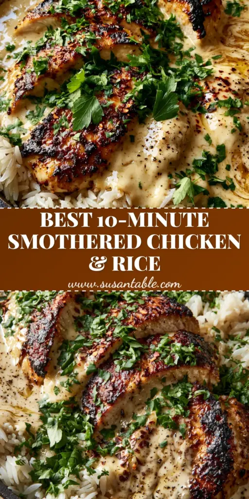 Smothered Chicken and Rice with Velvety Garlic Butter Gravy 4 A rustic black cast iron skillet filled with golden-brown smothered chicken and rice, garnished with fresh parsley and chili flakes.