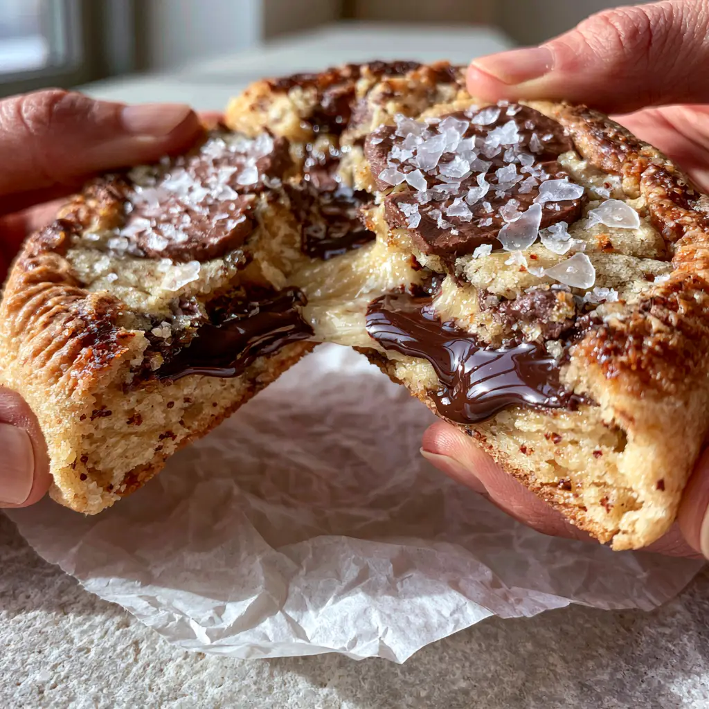 Homemade Chocolate Chip Cookies Recipe: The Ultimate Brown Butter Bakery Secret 1 Handheld smartphone photo of a bakery-style cookie with rippled caramelized edges and chunky chocolate discs on a grey stone surface.