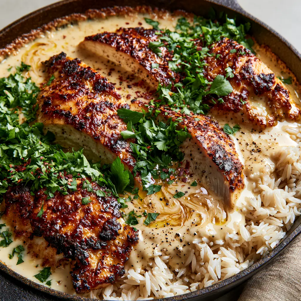 Smothered Chicken and Rice with Velvety Garlic Butter Gravy 2 High-angle close-up of seared chicken breast slices in glossy gravy over jasmine rice. (smothered chicken and rice)
