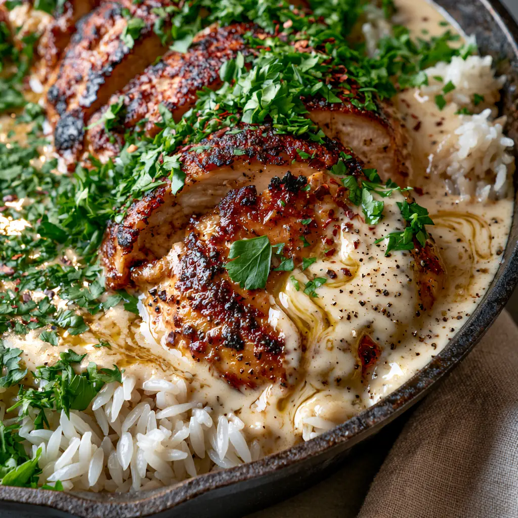 Smothered Chicken and Rice with Velvety Garlic Butter Gravy 1 A smartphone photo showing the velvety texture of garlic butter gravy on smothered chicken and rice.