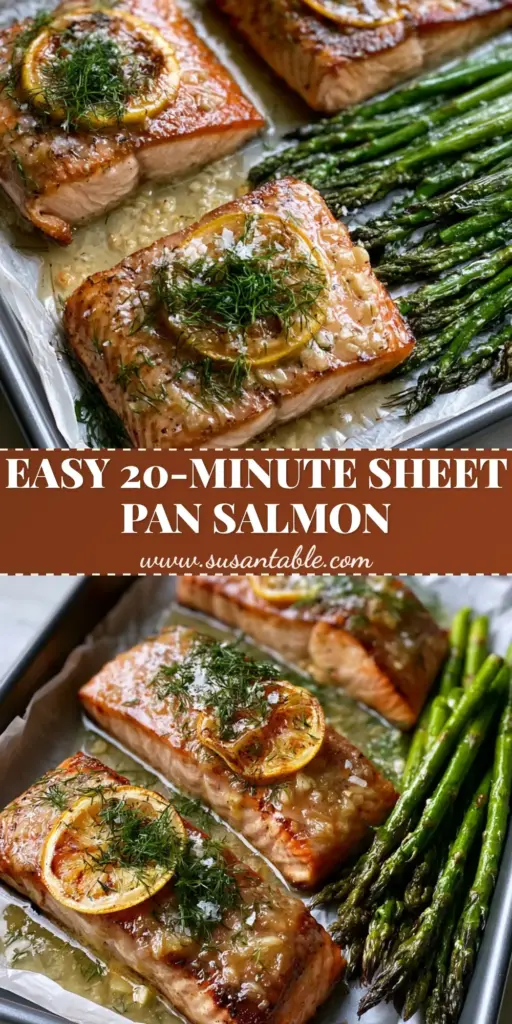 Sheet Pan Lemon Garlic Butter Salmon: The Ultimate One-Pan Dinner 4 A top-down view of Sheet pan lemon garlic butter salmon with charred asparagus and caramelized lemon slices on white parchment paper.