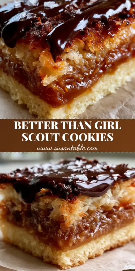 Samoas Cookies: The Ultimate Gourmet Homemade Recipe 4 A stack of gourmet Samoas Cookies bars showing a thick shortbread crust, chewy caramel coconut layer, and glossy dark chocolate drizzle with sea salt.