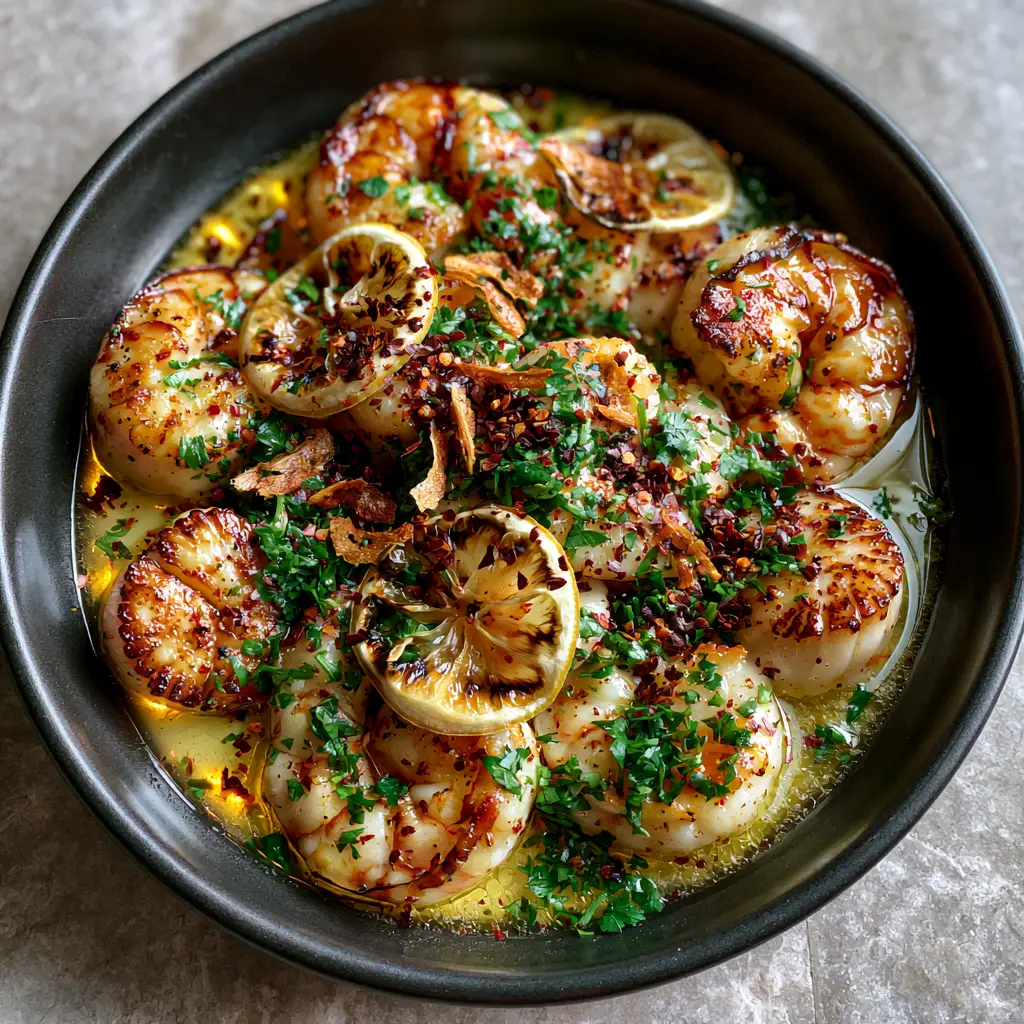 Ocean Bliss Seafood: Pan-Seared Tiger Shrimp and Scallops in Golden Garlic Butter 2 Close-up of golden seared scallops and jumbo tiger shrimp, an Ocean Bliss seafood specialty.
